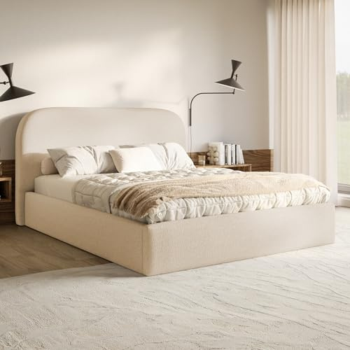 MOTIVENA Mono Bett 180x200 Beige Boucle, mit Stauraum, mit Kopfteil, mit Lattenrost, ohne Füße, ohne Matratze, Polsterbett 180x200 mit Bettkasten Beige