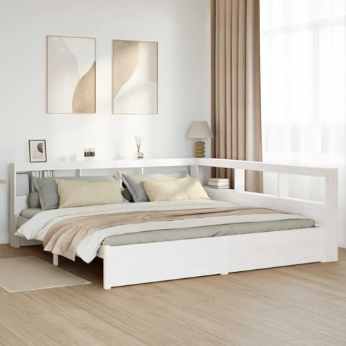 Emmtore Massivholzbett mit Regal ohne Matratze Kiefer, Holzbett mit Regal, Massivholzbett mit Regal, Bett, Holzbett mit Bücherregal Weiß,180 x 200 cm