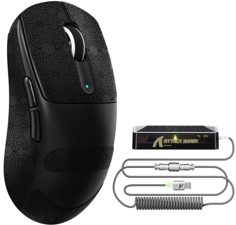 ATTACK SHARK V5 Souris Gaming sans Fil 8KHz,Ultra-Légère (53G), Capteur PixArt PAW3950MAX, Puce Nordic 52840, Bluetooth/2,4GHz/Filaire avec Câble Spiralé, 42KDPI,Revêtement Ice-Feel,Noir+Tape