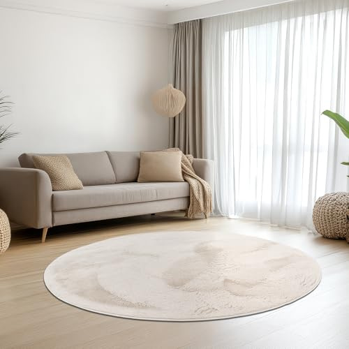 Teppich-Traum Teppich Wohnzimmer Schlafzimmer Kurzflorteppich Hasenfell Kunstfell Optik seidig weich samtig glänzend pflegeleicht hochwertig einfarbig Creme 140 cm rund