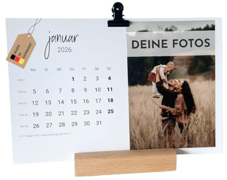 PuK Krämmer GmbH Personalisierter Fotokalender 2026 2027 mit eigenen Fotos | Startmonat wählbar | Fotokalender mit eigenen Bildern | Tischkalender 2026 Holzsockel DIN A5 Monatsübersicht