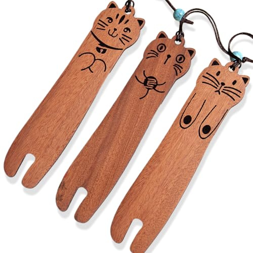 JYNXOR 3 Stück Holz Katze Lesezeichen Cat Bookmarks Süße Lesezeichen Katze Handwerks Lesezeichen Holz Geschenk für Frauen Lehrer Studenten Buchliebhaber Lesen Katzenliebhaber