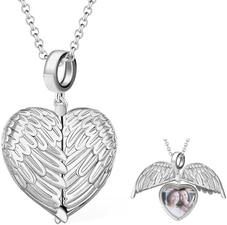 GSTFY Personalisierte Medaillon-Halskette mit Bild & Rücktext Sterlingsilber/Messing Benutzerdefinierte Engelsflügel Halskette Herz Gravur Foto Halsketten Familie Geburtstag Schmuck Geschenke für