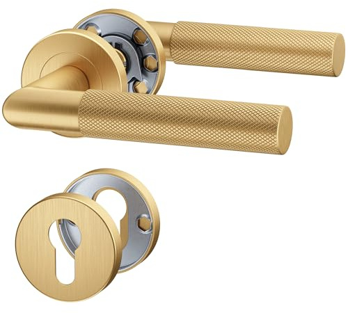 ERGO line BAUHAUS Modern, Gold Türbeschlag Türgriff PZ - Profilzylinder Set PVD-Gold matt L-FORM, Rund-Rosette Drückergarnitur, Türklinke, Türdrücker