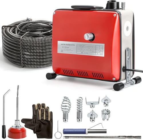 Monucep Rohrreinigungsmaschine 500W Elektrischer Abflussreiniger mit 20 m 16-mm & 5 m 10-mm Spiralen, 6 Schneidköpfen, 400 U/min Kupfermotor – Für 20–120 mm Rohre