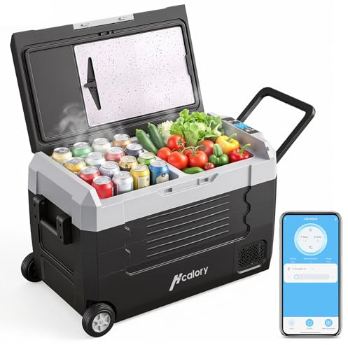 HCALORY 35L Tragbarer Kompressor Kühlbox mit Bluetooth-App, Elektrisch Autokühlbox Dual-Zone (-20°C bis +20°C) +Schneidebrett, 12V/24V/230V, Rollen & Trennwand – für Camping, Auto, LKW, Wohnmobil
