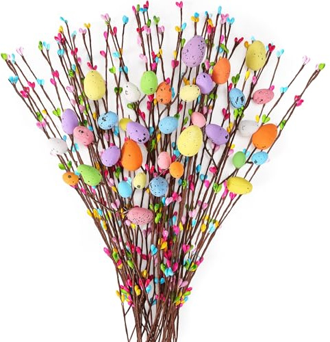 Yunfan 39Pcs Easter Decorations Artificial Easter Spray Vine with Pastel Eggs and Berries Spring Flower Stems Egg Twig Branches for Home Vase Decor Floral Arrangement Centerpiece Wreath Decoration