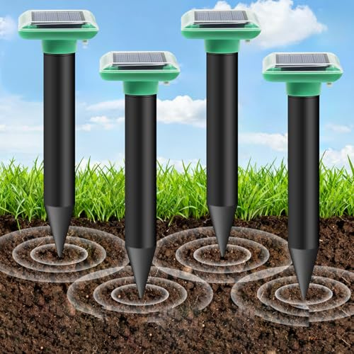 Anti topo solar vibración y ultrasonidos, IP66 impermeable, 4 piezas repelente de color topo solar para proteger tu jardín Césped de los lunares, marmotas, campañoles, serpientes y gofres