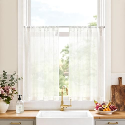 Vangao Scheibengardinen Modern Voile Bistrogardine 2er Set H90 x B90cm Weiß | Scheibengardinen Landhausstil Küche, Boho Vorhang Weiss Stores Gardinen Kurz Halbtransparent Wohnwagen Kinderzimmer Fenster