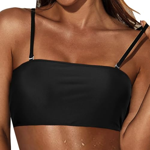 Bikinitoppar for Kvinnor Badkläder Topp Med Avtagbar Axelrem Axelbandslös Bikinitopp Bandeau Swim Top Tube Top Baddräkt Blus, Marinblå, L(Black,L)
