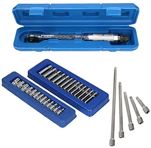 Chiave dinamometrica a scatto da 1/4, 5-25 Nm con bussole metriche + 5 estensioni