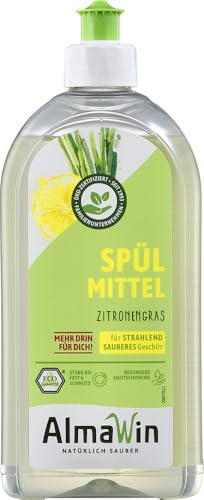 AlmaWin® Spülmittel Öko [2x 500ml] mit Zitronengras-Duft - Kraftvolles Geschirrspülmittel flüssig mit hoher Fettlösekraft - Vegan Dish Soap - Biologisch abbaubares & ergiebiges Konzentrat