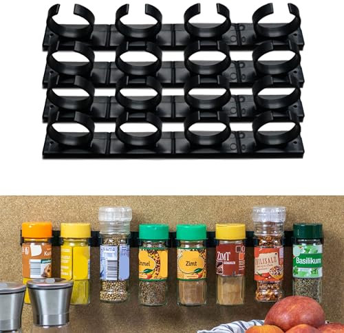 Gewürze Organizer zum Kleben, für bis 16 Gewürzdosen, Schwarz, für Gewürz-Streuer mit Ø 33 - 45 mm und max. 150 Gramm, Gewürz Halterung für Gewürzgläser, Schrankeinsatz Gewürzregal, Glashalter Schrank