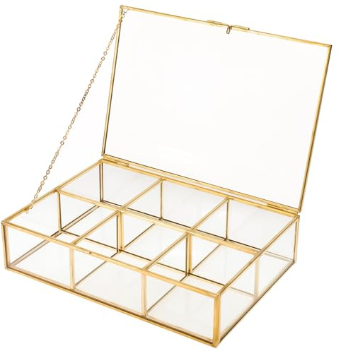 Gold Glass Tea Bag Organizer, Tea bag Storage Glass Box (6 Compartments) | Tea Box Organizer Storage Box with Lid, Counter Top Collection Box for Tea, Sugar & Coffee Bags, Clear Tea Bag Container