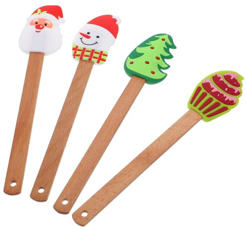 Cabilock 4er Set Silikon Teigschaber Weihnachten mit Holzgriff - Motiv Teigspachtel Weihnachtsmann & Schneemann, Kleiner Backspatel für Kinder, Weihnachtsbacken Zubehör