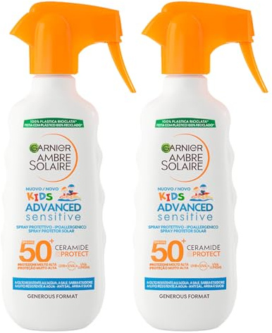 Garnier Ambre Solaire Kids SPF 50+ Spray Protection Très Haute Enfants Hypoallergénique et Résistant à L'Eau - 2 flacons de 270 ml chacun