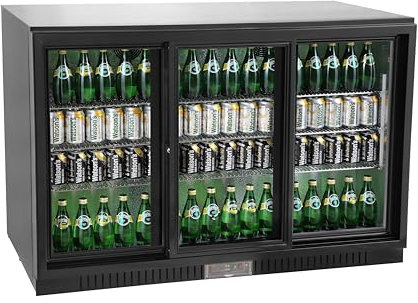 METRO Professional Frigorifíco de bebidas GBC3103, aluminio/cristal, 135 x 52 x 86.5 cm, 308 L, 160 W, con cerradura, descongelación automática, iluminación LED (308 L - Puertas correderas, Negro)