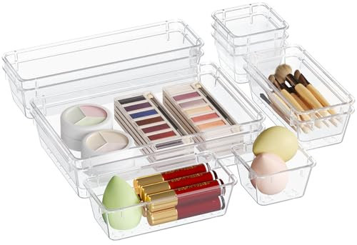 Lifewit 16 Stücke Schubladen Organizer mit 4 Größen, Schminktisch Ordnungssystem, Klar Kunststoff Makeup/Badezimmer/Drawer Box, Schreibtisch Tabletts für Küchen, Schmuck, Schlafzimmer, Büro