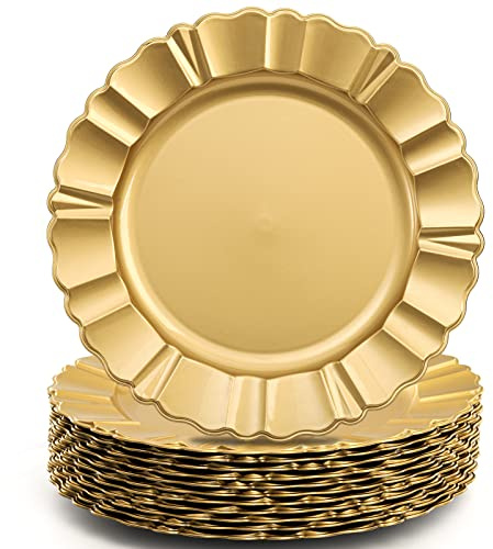 Cedilis 12 Pack Gold Charger Plates, 13 Decorative Round Dinner Plate Chargers, Reusable Plastic Dinner Chargers with Fluted Rim for Wedding, Thanksgiving, Christmas Table Decor