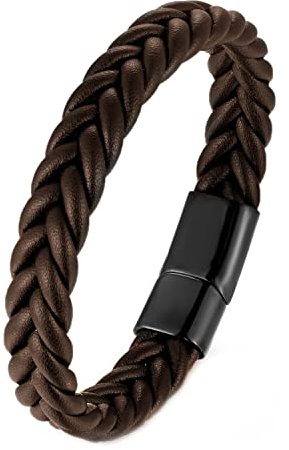 BIYONGDE Handmade Brown Braided Leather Bracelet, Black Stainless Steel Clasp, Mens, Cool Classic Stylish