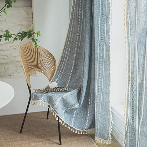 SASIGAYA Vorhänge Vintage Durchbrochene Bestickete Gardinen 140 Breit Blau Durchscheinende Verdunklungen Vorhang Baumwolle Leinen Landhausstil Vorhänge für Morden Schlafzimmer Wohnzimmer 2 Stück