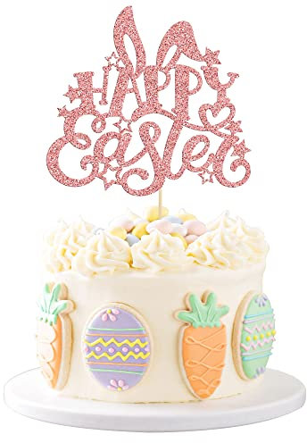 Gyufise 1 Pack Rose Gold Glitter Happy Easter Cake Topper Easter Bunny Ear Cake Decoration for Happy Easter Spring Theme Baby Shower Birthday Party Decorations