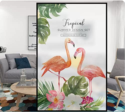 Fensterfolie Selbsthaftend Blickdicht Tropische Bananenblätter Flamingo Sichtschutzfolie Fensterfolie Anti-UV Dekorfolie Statisch Fensteraufkleber für Wohnzimmer Küche Büro (90x200 cm)