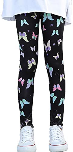 Zaldita Kinder Mädchen Leggings Sport Stretch Hose mit Schmetterling Durck Tanzhose Unterleggings Sport Yoga Fitness Tanzkleidung Schwarz&Bunt 134-140