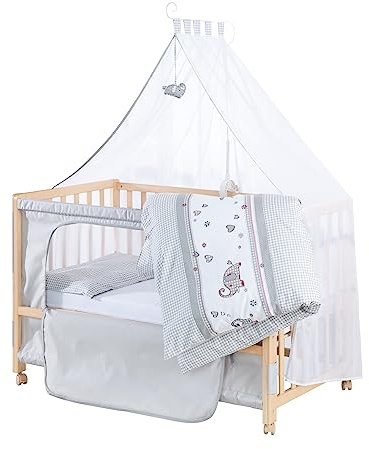 roba Beistellbett 60 x 120 cm - Jumbotwins - Babybett zum Anstellen - Inklusive Matratze, Bettwäsche, Himmel im Elefanten Design - Mobil & Höhenverstellbar - Holz Natur