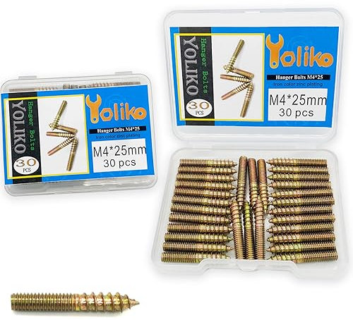 Yoliko 30 Pack M4 x 25 Hanger Bolts 25mm(0.98) Double Headed Bolts 4mm(0.16) Wood Dowel Screw Self-Tapping Screw Hanger Bolts for Furniture Screws Double Screw Threaded Rods Bolt 25mm Length