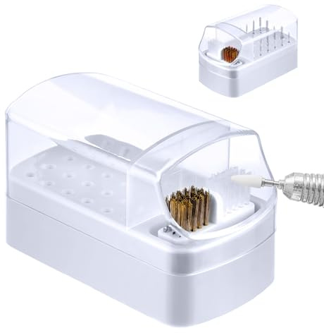 Andibro 2 In 1 Nail Drill Bits Holder, 30 Holes Dustproof Nail Bits Organizer Nail Drill Bits Cleaning Brush Case Dustproof Nail Art Drill Bits Stand Display Storage Box Cleaner Manicure Tools(White)