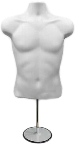 Hanging Mannequin Male Half Body Form 3/4 Bust Shop Display with Round Stand White