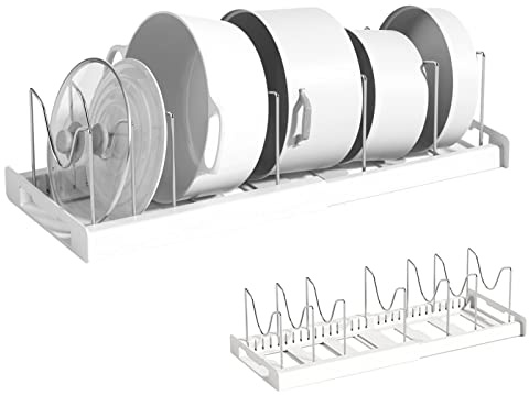 Estante telescópico para ollas, organizador telescópico para ollas, soporte expandible, soporte para tapa de sartén con 7 separadores de espaciado ajustables, estante de acero inoxidable para cocina
