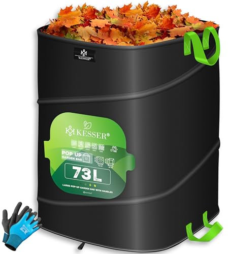 KESSER® Set di Sacchi da Giardino Pop-up - 1x 73 Litri, Sacco per Rifiuti da Giardino con Guanti, Autoportante con Maniglie, Robusto, Robusto e Richiudibile, Nero/Verde Chiaro