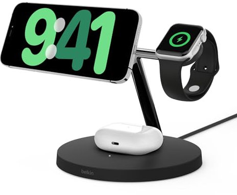 Belkin BoostCharge Pro 3-in-1 Wireless Charger with Qi2 for iPhone 16, 15, 14, 13 and 12 + Apple Watch + AirPods (Magnetically Charges iPhone 16, 15, 14, 13 and 12 Models up to 15W) - Black
