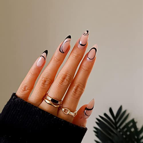 JUSTOTRY 24 Stück Klassisch Gestreift Mandel Nägel Zum Aufkleben Kurz,Schwarz Press on Nails Design,Oval Kunstnägel Fake Nails Mittel,French Fingernägel Künstliche Nägel für Frauen