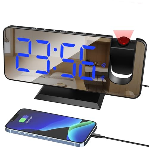 Lancoon Sveglia con proiezione Orologio digitale da comodino con proiettore a 180° 7,4 '' Ampio schermo a specchio Display Porta di ricarica USB 4 livelli Luminosità Dimmer Snooze Dual Alarm Setting