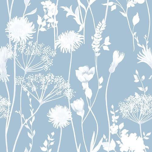 Muriva Catherine Lansfield Meadowsweet Floral Themed Flower Siluette Romantic Wallpaper for Living Room, Bedroom, Hallway, Feature Wall- Blue/White 165583