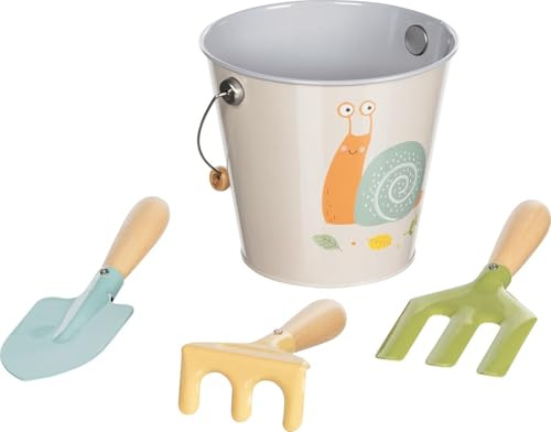 goki 63870 Barn trädgårdsmästare snigel, hink med spad, räv och gravgaffel – färgglatt trädgårdsverktyg främjar fantasi och intresse för natur, trä och metall, set om 4, från 3 år, flerfärgad