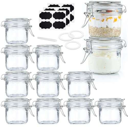 Absovetu 12 Pack Small Glass Jars with Lids 207ml/7oz - Jam Jars with Lids and Labels Overnight Oats Jars Clip Top Mason Jar for Spice Pickling Candle Sweet Cookie Honey