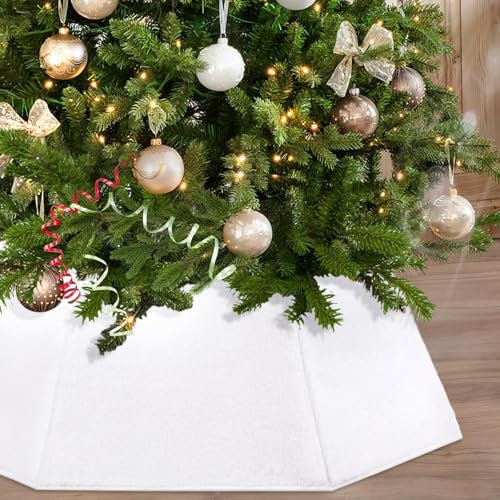 Base Albero di Natale, 80CM Peluche Finta Pelliccia Pieghevole Copri Albero di Base, Gonna per Albero Decorazione del Capodanno per Interni ed Esterni (Bianco)