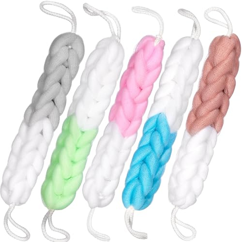 BRUBAKER 5er Set Badeschwamm Duschschwamm - Rückeneinseifer mit Handschlaufen - Peelingschwamm für den Rücken - Hygienisch & Langlebig - 80 g Rückenschrubber Peeling Schwamm mit Geschenkbox
