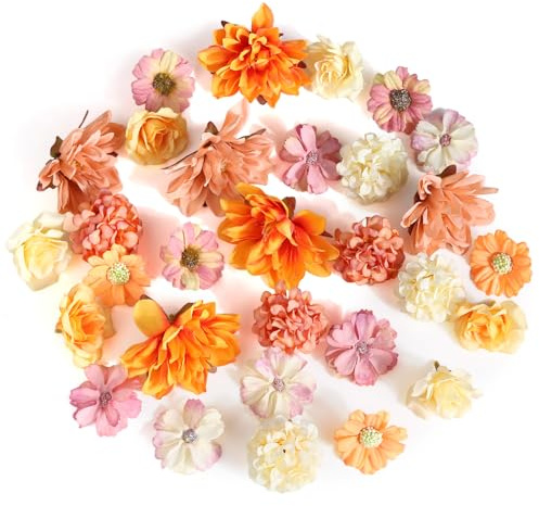 RISF 30 Stück Kunstblumen zum Basteln, 4,5~8cm Künstliche Blumen, Seiden Kunstblumen Köpfe, Künstlich Mini Herbstblumen für DIY Basteln, Hochzeit Party, Home Handwerk