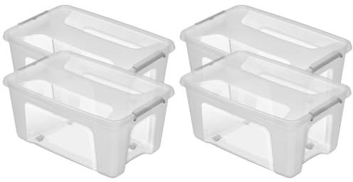 Kreher® Aufbewahrungsbox mit Deckel (4x43L) Robuste Transportbox, Kleiderbox, Kunststoffbox mit Deckel und Rollen, Stapelbar, lebensmittelecht und BPA-frei! Aus Kunststoff in Transparent.