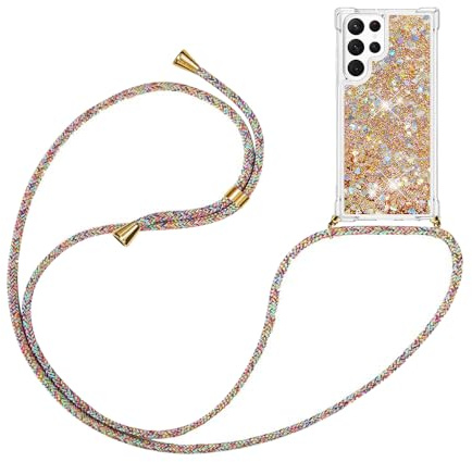 Handykette Hülle für Samsung Galaxy S25 Ultra 5G Quicksand Glitzer mit Band | Silikon Handyhülle mit Kordel Umhängenband - Schnur mit Treibsand Case zum Umhängen, Golden