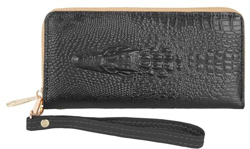 MEGAUK Women's Croc-Embossed Leather Zip-Around Wallet with Wrist Strap Men's Wallet Large Capacity Crocodile Credit Card Holder Clutch Wristlet Bags