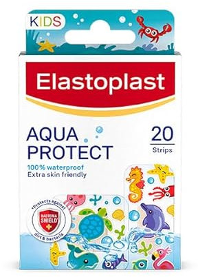 Elastoplast Aqua Protect Kids Plasters (20 Strips), 100% Waterproof and Flexible Plasters with Colourful Marine Designs for Minor Wounds, for Children
