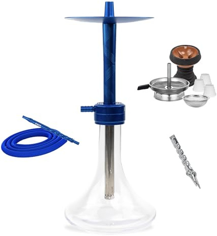 Mr. Eds E29 Azul Shisha 44 cm | Cachimba de Aluminio con Blow-Off, Cazoleta de Piedra con Gestor de Calor, Tubo de Silicona y Pinza Plateada