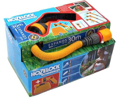 HOZELOCK - Wonderhoze Expanding Hose 30m : Flexible Hose, Stretches up to 3X Original Length | with 2 Aquastop Fittings and Multispray Gun: Ready to Use