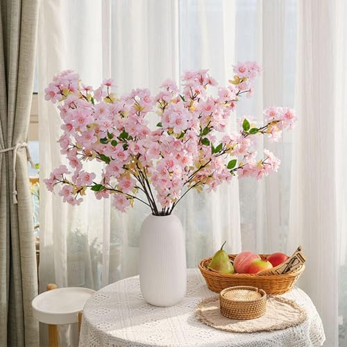 AQCQDQ 6PCS Künstliche Kirschblütenzweige, Künstliche Kirschblüten Frühlingsblumen Deko, Gefälschte Kunstblumen Seidenblumen Sakura Rosa Blumen für DIY Hochzeitsdekoration Party (Rosa)
